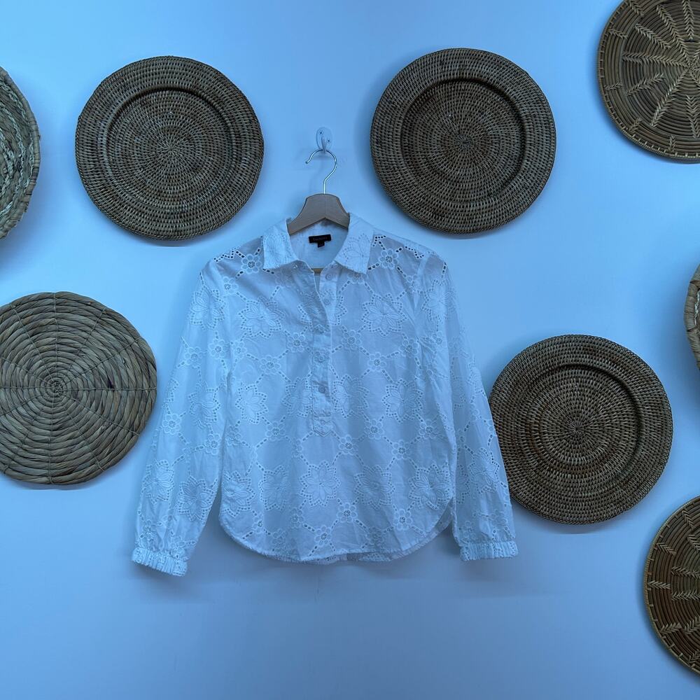 Talbots White Floral Eyelet Partial Button Neck C… - image 2